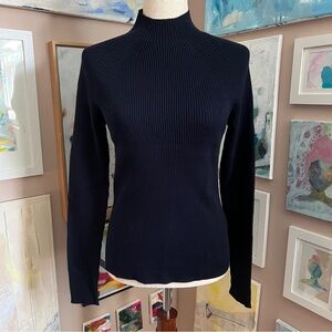 Boden Navy Ribbed Mock Neck Cotton Sweater Minimalist Chic Size 10 Quiet Luxury